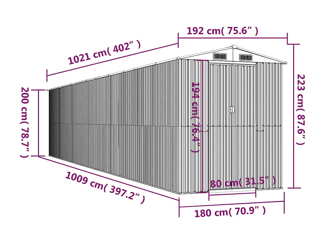 Caseta de jardín Antracita 192x1021x223 cm Acero galvanizado
