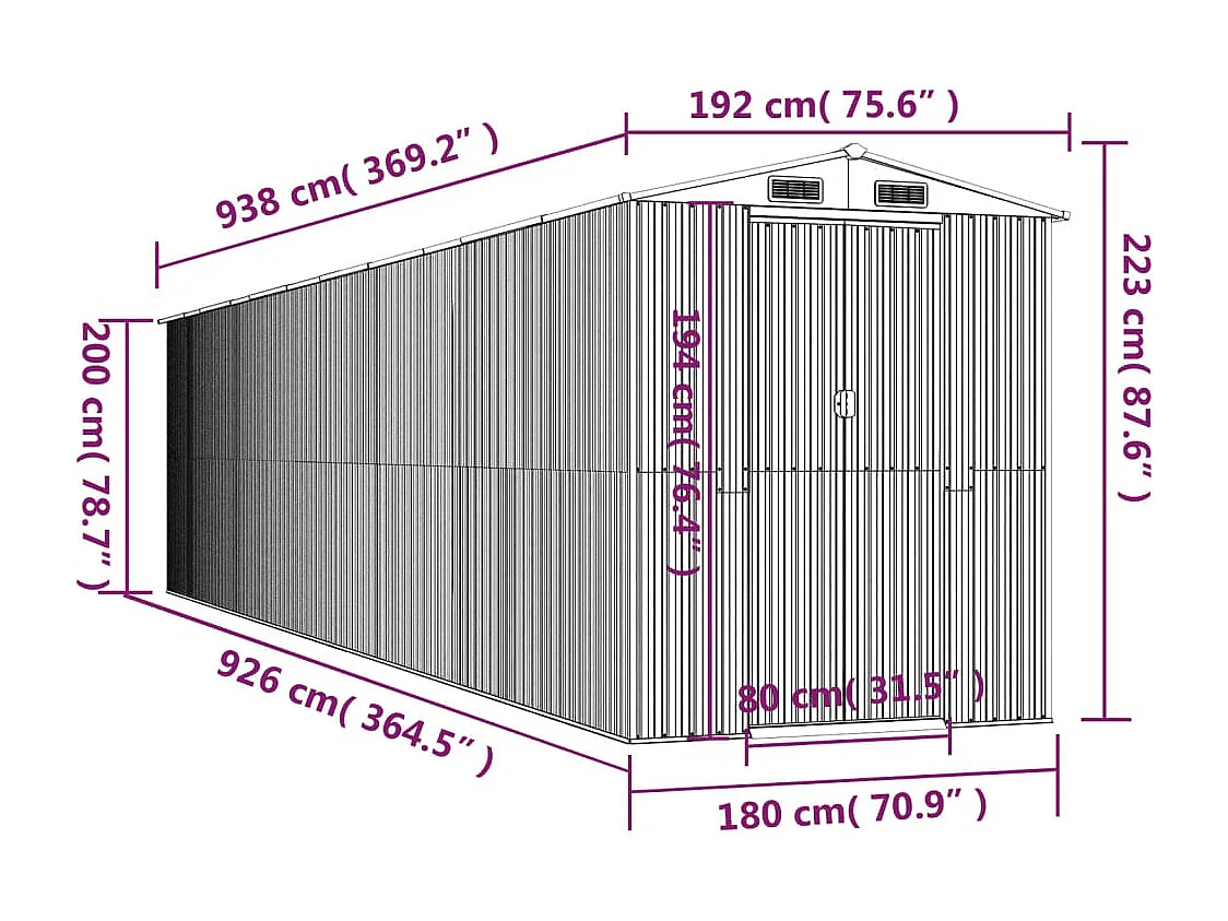 Casetta da giardino Antracite 192x938x223 cm Acciaio zincato