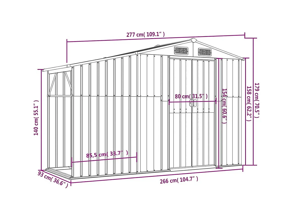 Abri de jardin anthracite 277x93x179 cm acier galvanisé