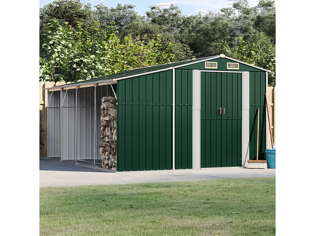 Casetta da giardino verde 277x365,5x179 cm in acciaio zincato