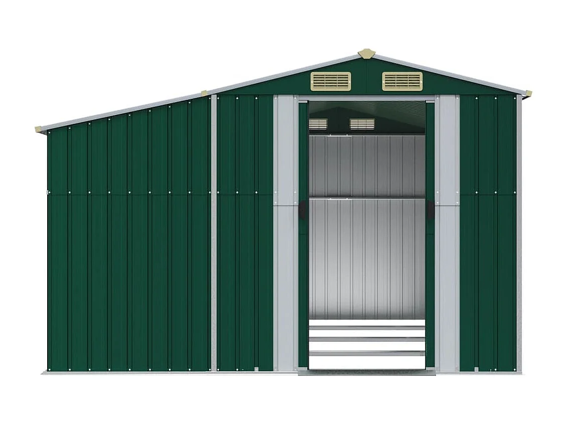 Casetta da giardino verde 277x365,5x179 cm in acciaio zincato