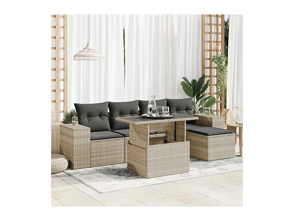 Set di mobili da giardino da 6 pezzi con cuscini grigio chiaro in resina intrecciata