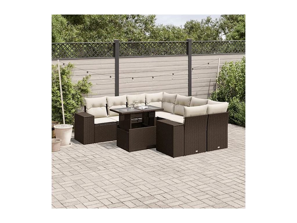 Salon de jardin avec coussins 9 pcs marron résine tressée