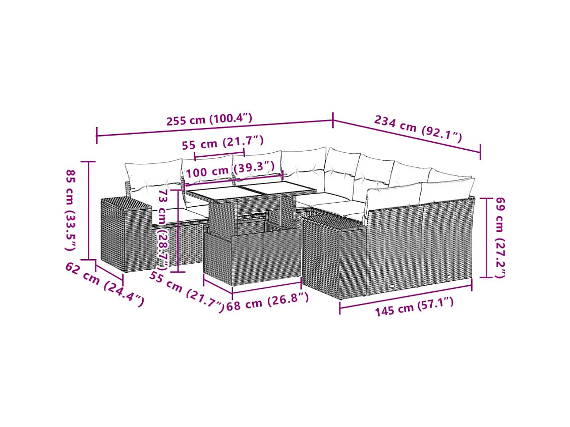 Salon de jardin avec coussins 9 pcs marron résine tressée