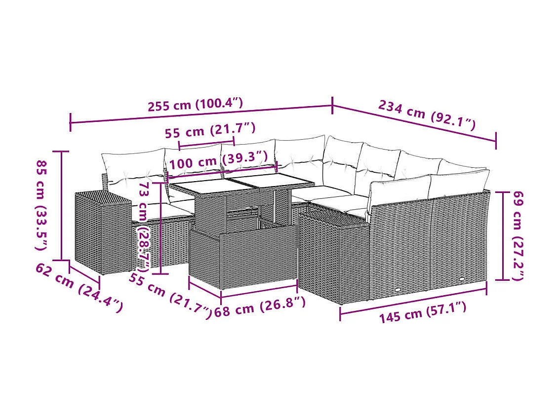 Set mobili da giardino con cuscini 9 pezzi in vimini marrone resina
