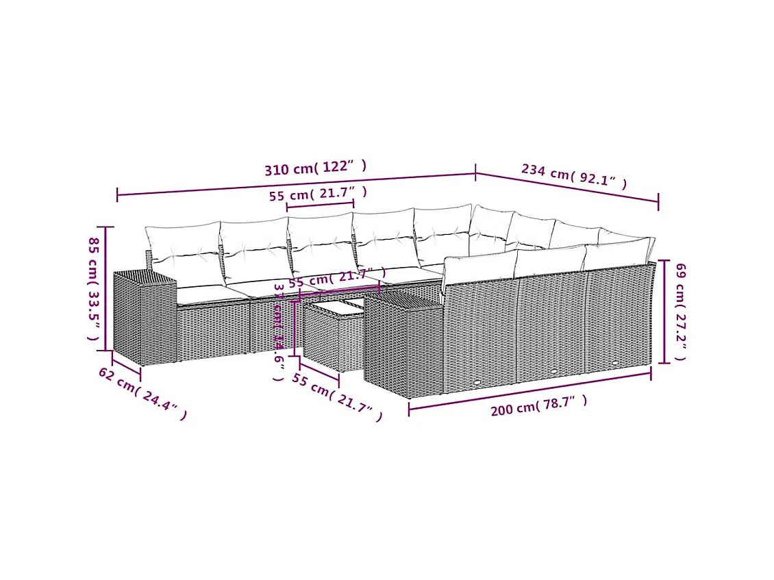 Mobili da giardino e cuscini 11 pz marrone resina intrecciata