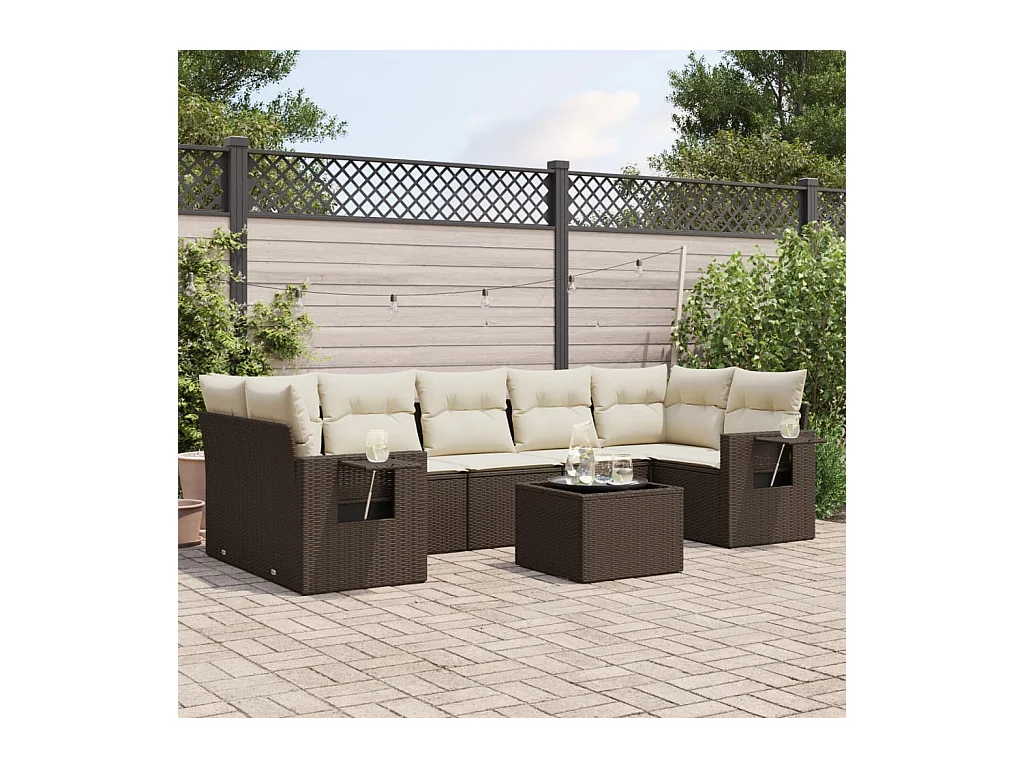 Salon de jardin 8 pcs avec coussins marron résine tressée