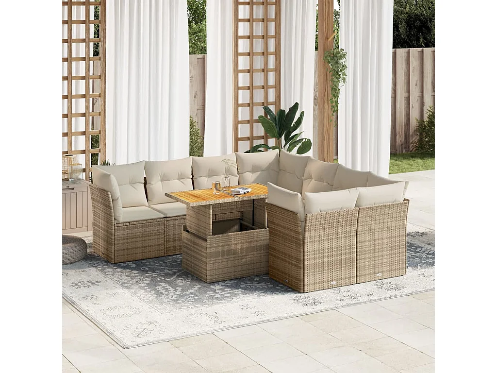 Gartenmöbel-Set mit Kissen 9-tlg. beige gewebtes Harz