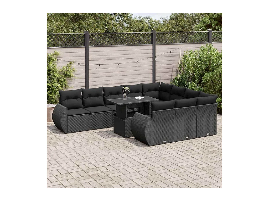 Salon de jardin 11 pcs avec coussins noir résine tressée