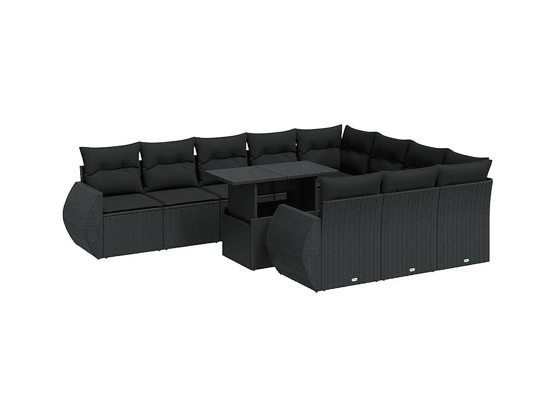 Salon de jardin 11 pcs avec coussins noir résine tressée
