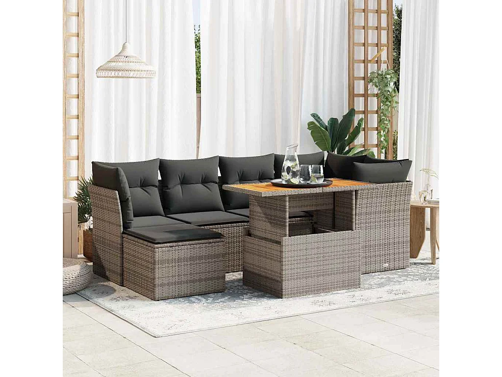 Salon de jardin avec coussins 7 pcs gris résine tressée