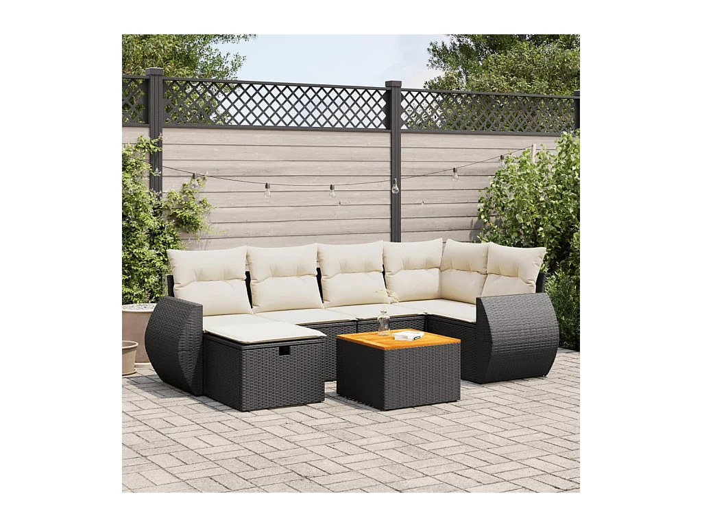 Set di mobili da giardino 7 pezzi con cuscini neri in resina intrecciata
