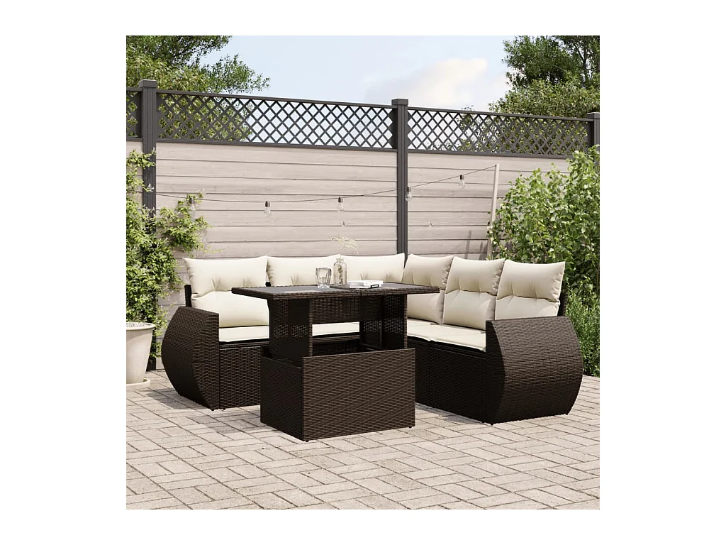 Salon de jardin avec coussins 6 pcs marron résine tressée
