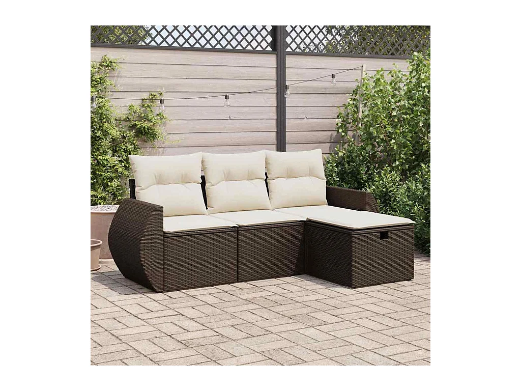 Salon de jardin 4 pcs avec coussins marron résine tressée