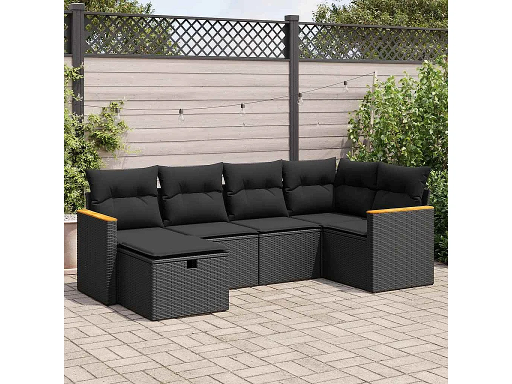 Salon de jardin 6 pcs avec coussins noir résine tressée