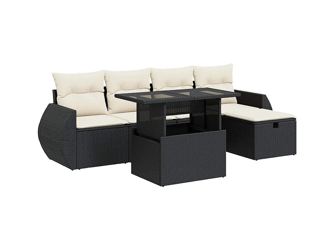 Salon de jardin 6 pcs avec coussins noir résine tressée