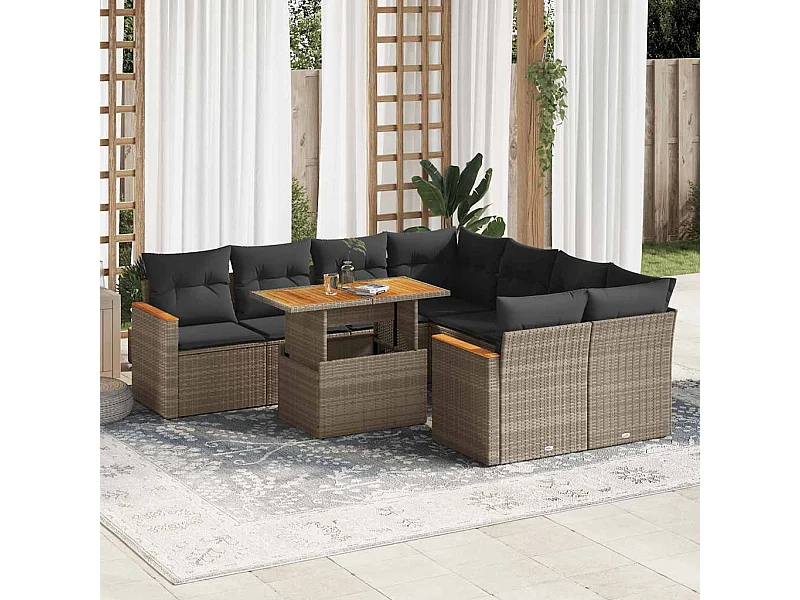 Salon de jardin avec coussins 9 pcs gris résine tressée acacia