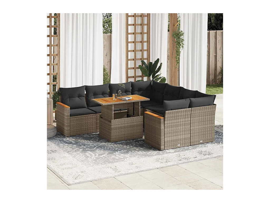 Salon de jardin avec coussins 9 pcs gris résine tressée acacia