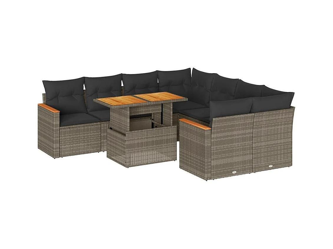 Salon de jardin avec coussins 9 pcs gris résine tressée acacia