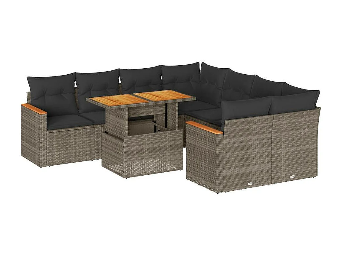 Salon de jardin avec coussins 9 pcs gris résine tressée acacia