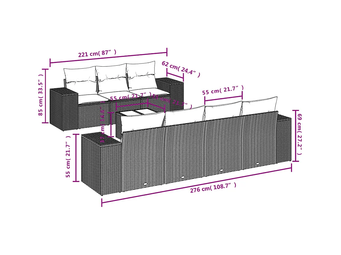 Salon de jardin 8 pcs avec coussins marron résine tressée