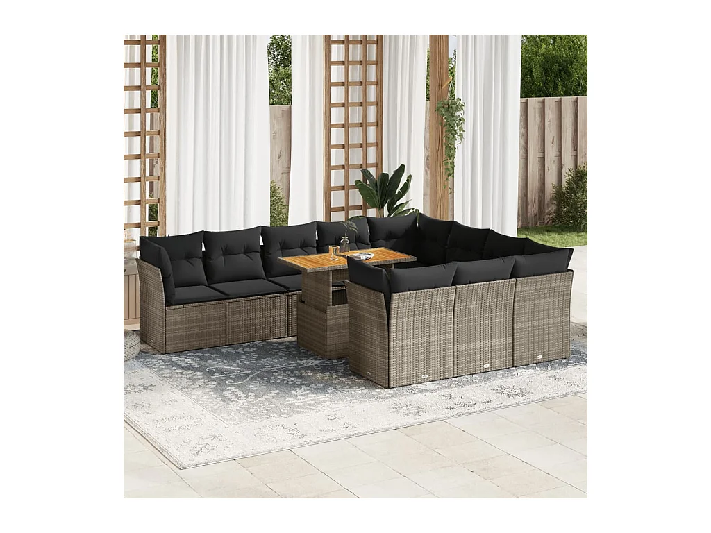 Set di mobili da giardino da 11 pezzi con cuscini in vimini di resina grigia