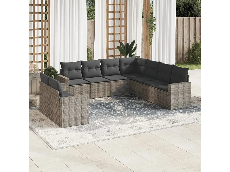 Set di mobili da giardino da 9 pezzi con cuscini grigi in resina intrecciata