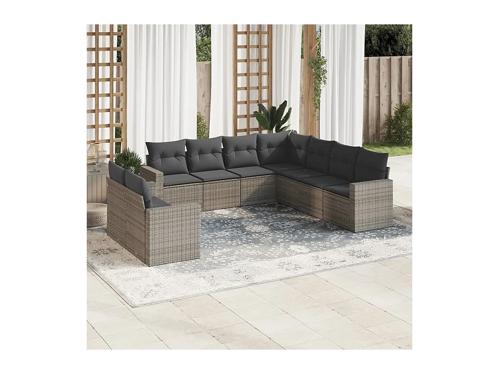 Salon de jardin 9 pcs avec coussins gris résine tressée