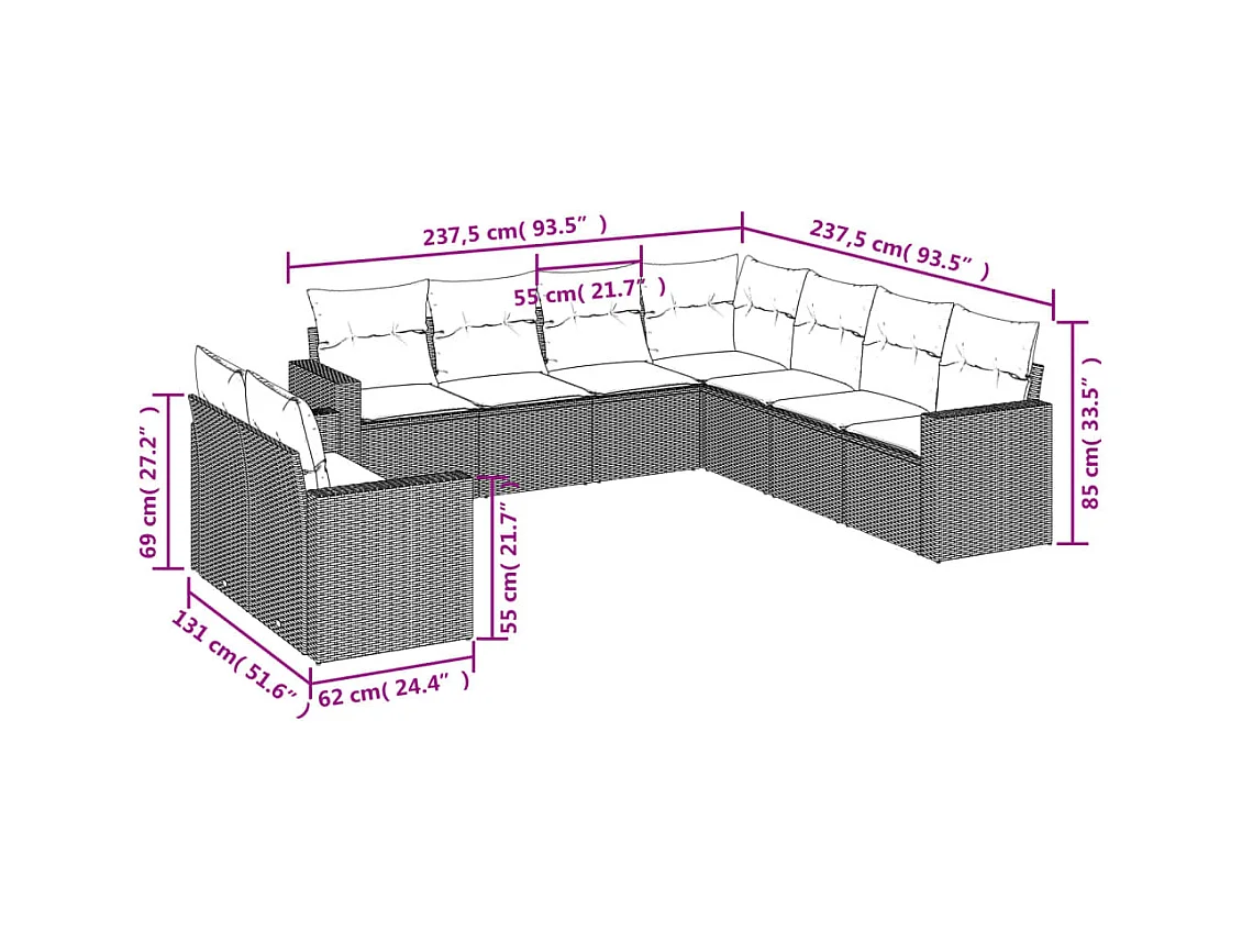 Salon de jardin 9 pcs avec coussins gris résine tressée