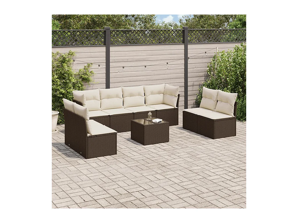 Salon de jardin avec coussins 9 pcs marron résine tressée