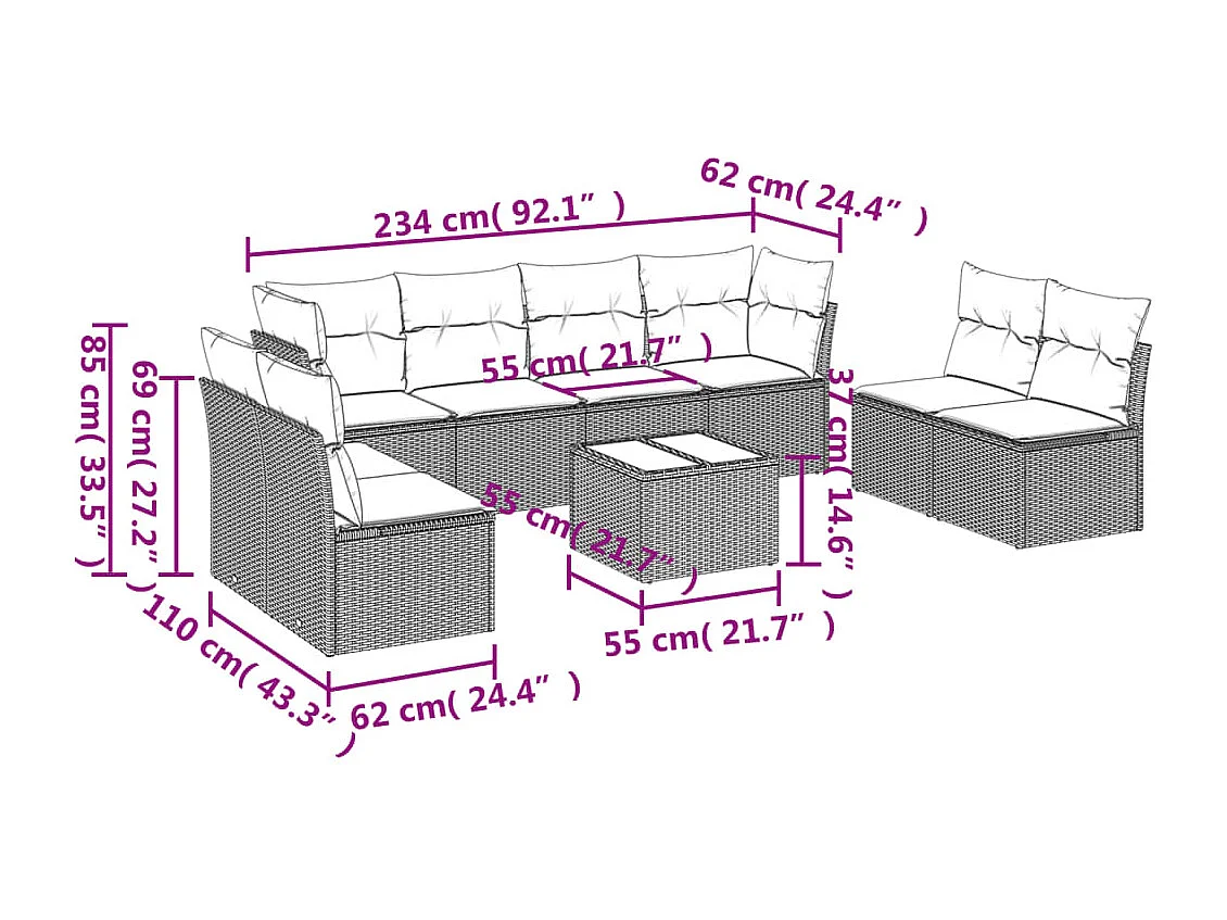 Conjunto de móveis de jardim com almofadas 9 peças resina de vime marrom