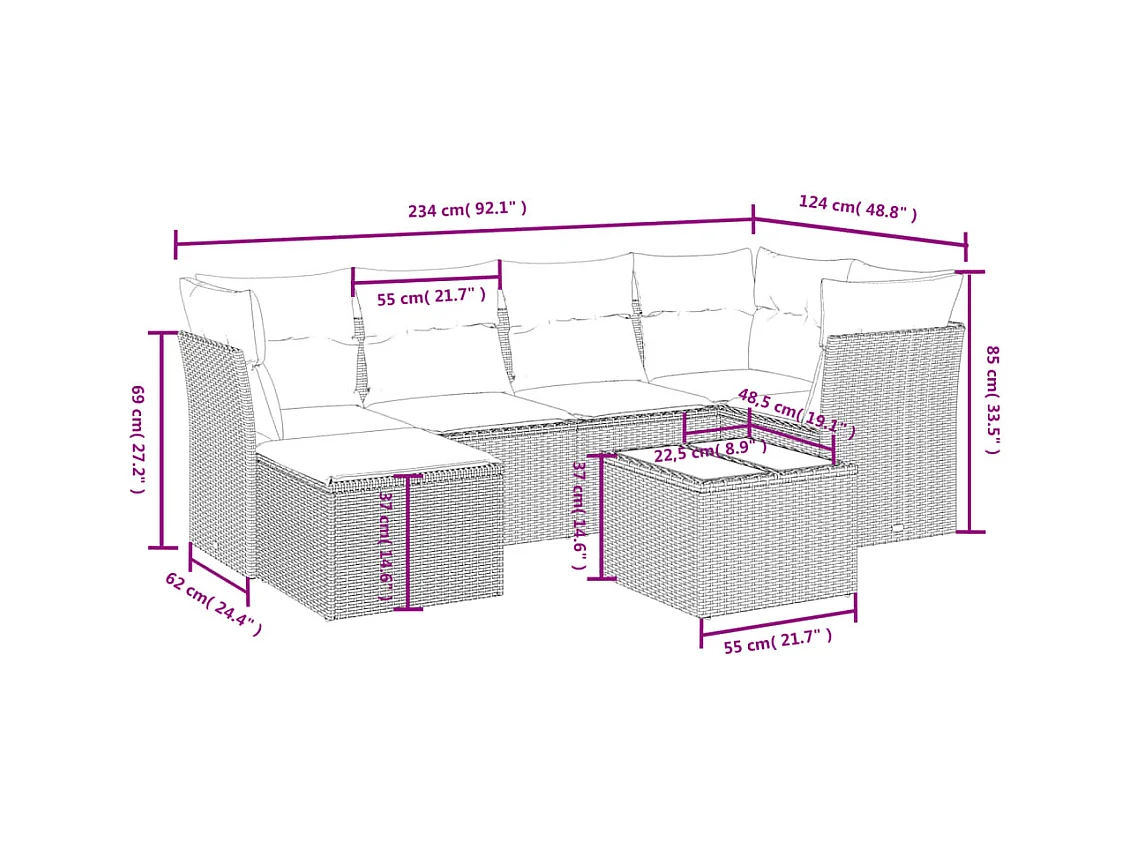 Set mobili da giardino con cuscini 7 pz in resina vimini marrone