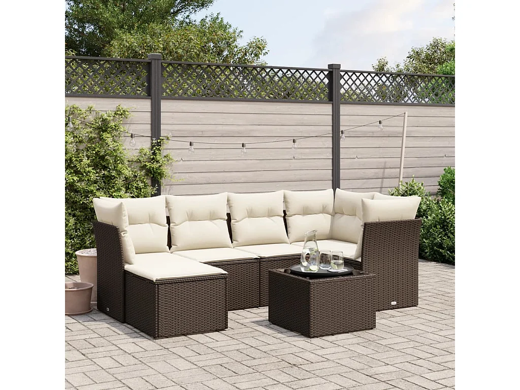 Set mobili da giardino con cuscini 7 pz in resina vimini marrone