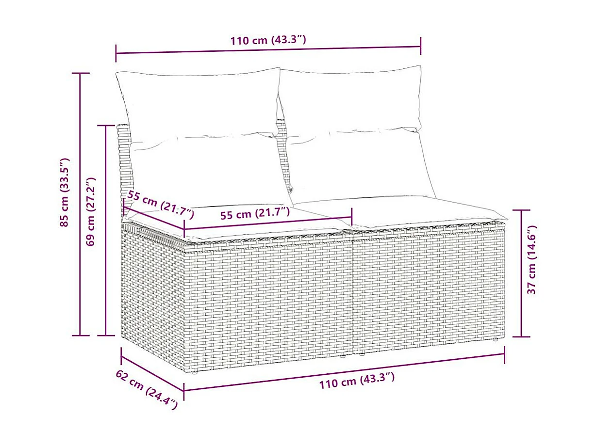 Set mobili da giardino con cuscini 2 pz resina nera vimini acacia