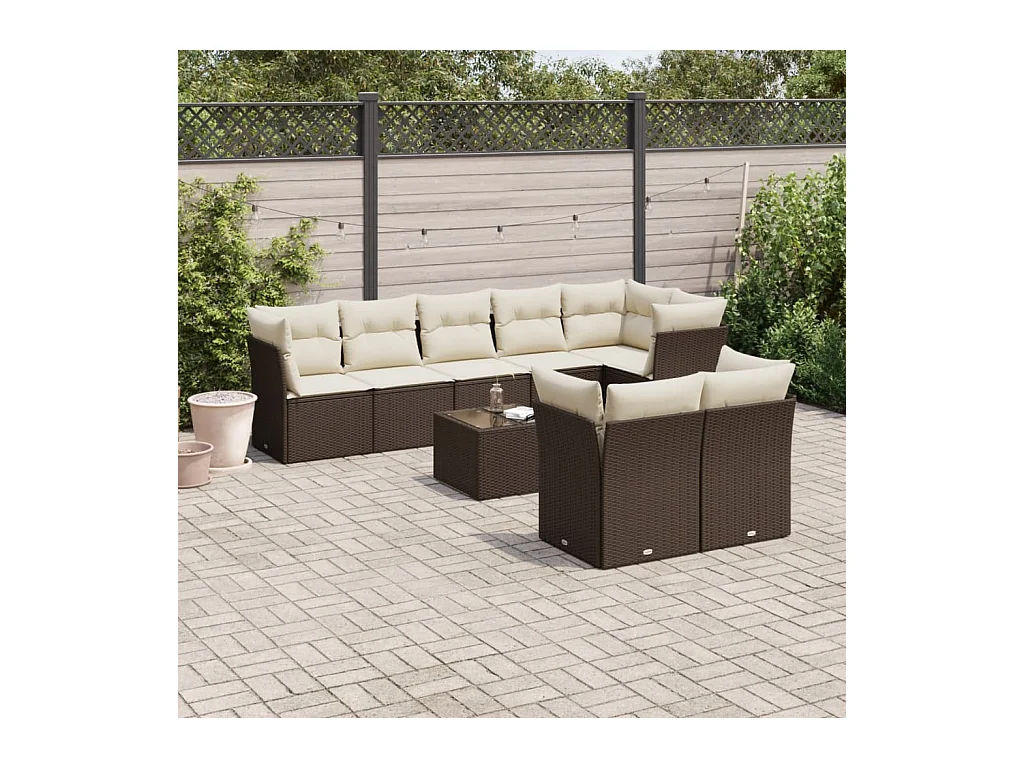 Salon de jardin avec coussins 9 pcs marron résine tressée