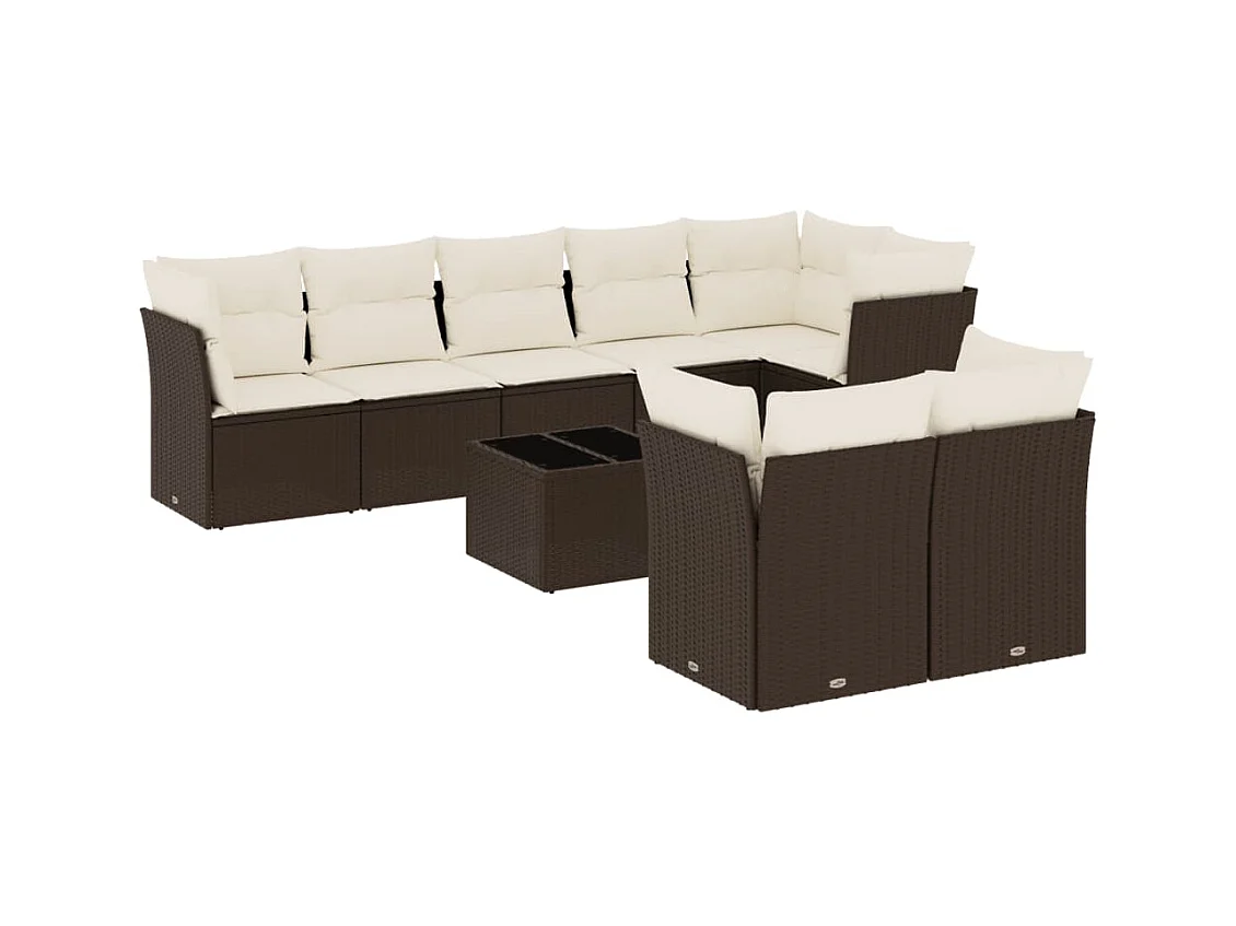 Salon de jardin avec coussins 9 pcs marron résine tressée