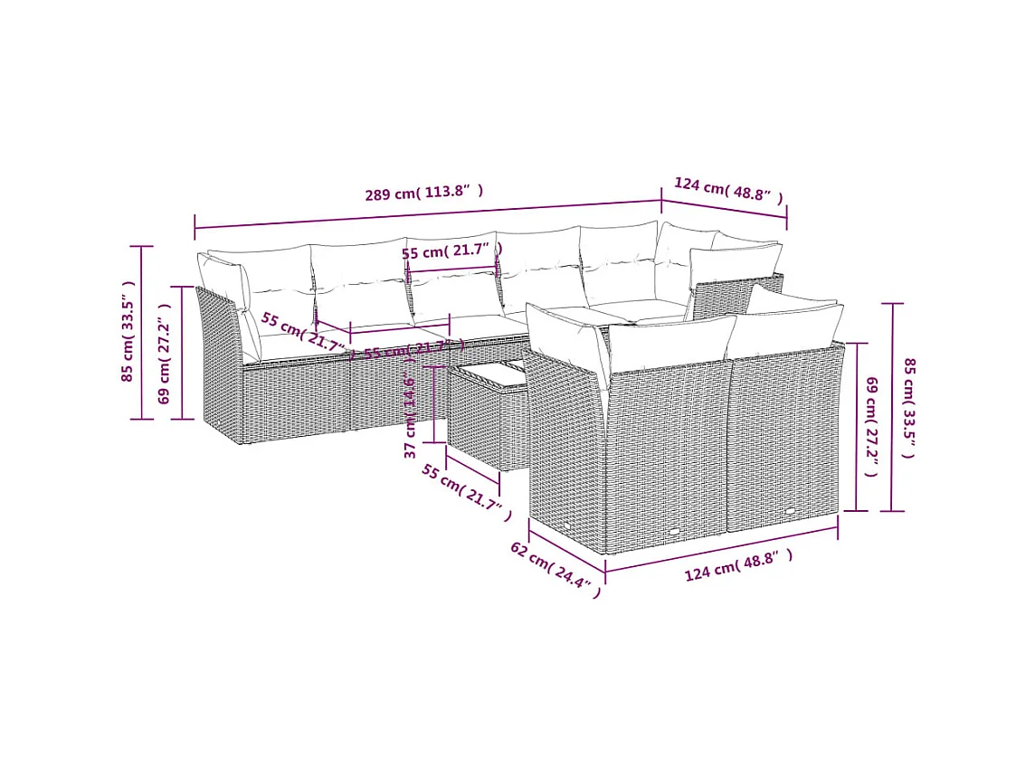 Salon de jardin avec coussins 9 pcs marron résine tressée