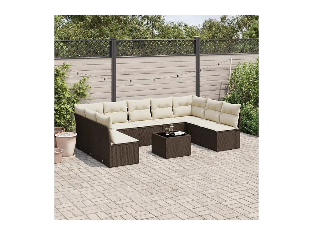 Salon de jardin 10 pcs avec coussins marron résine tressée