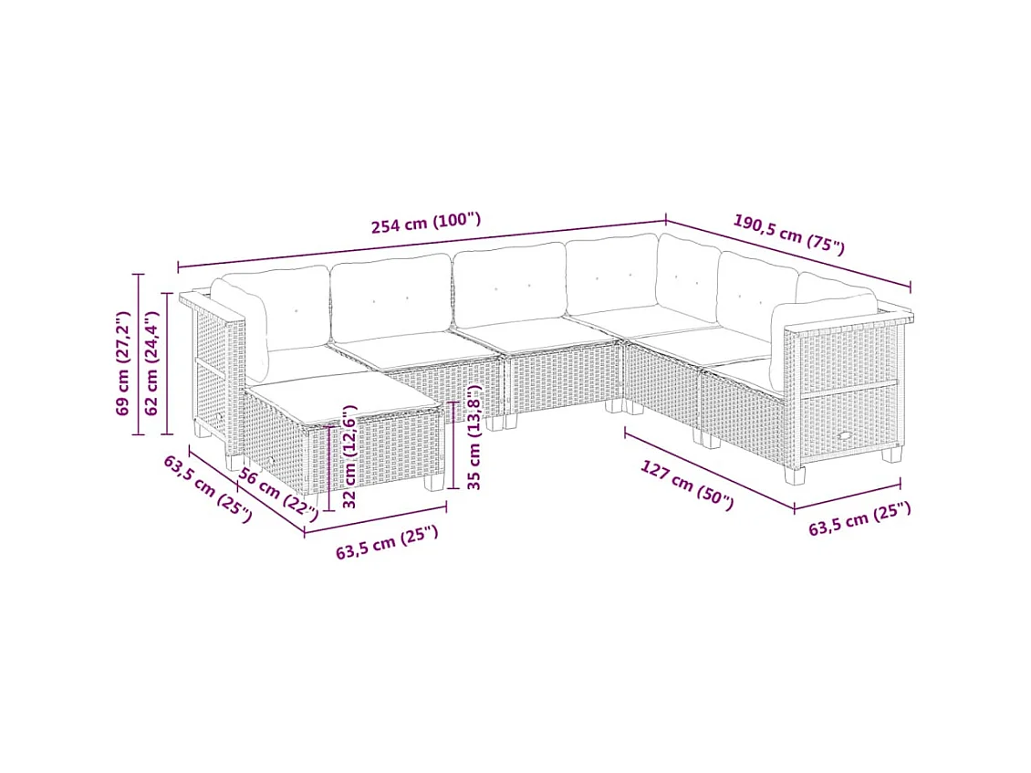 Salon de jardin avec coussins 7 pcs beige résine tressée