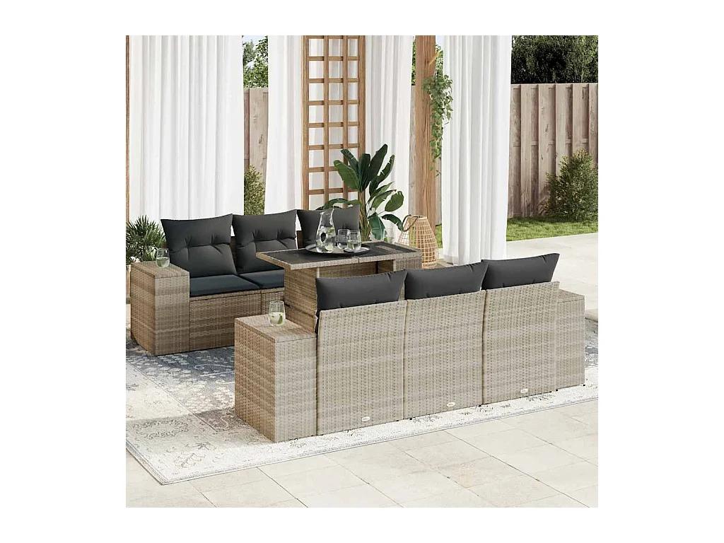 Salon de jardin avec coussins 7 pcs gris clair résine tressée