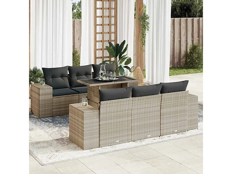Set di mobili da giardino con cuscini 7 pezzi in resina intrecciata grigio chiaro