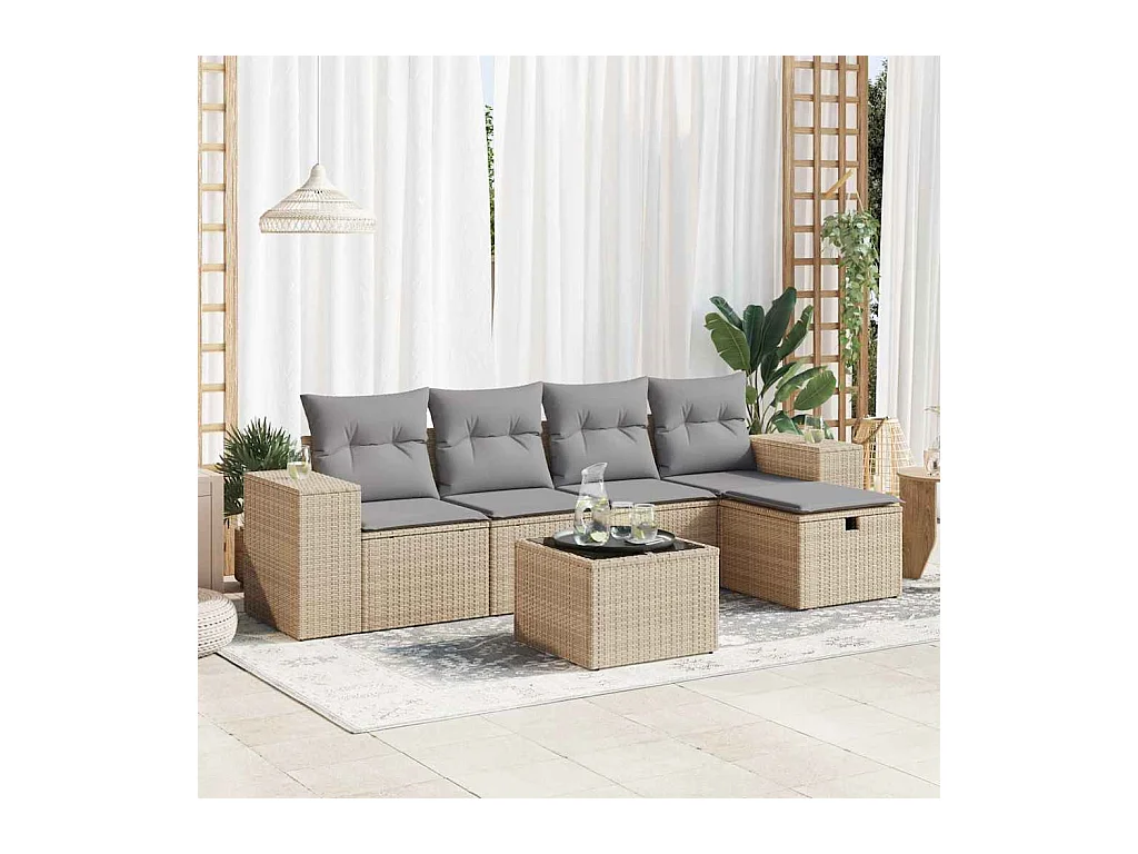 Salon de jardin avec coussins 6 pcs beige résine tressée