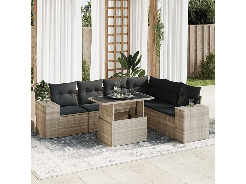 Conjunto de muebles de jardín con cojines 7 piezas de mimbre de resina gris claro