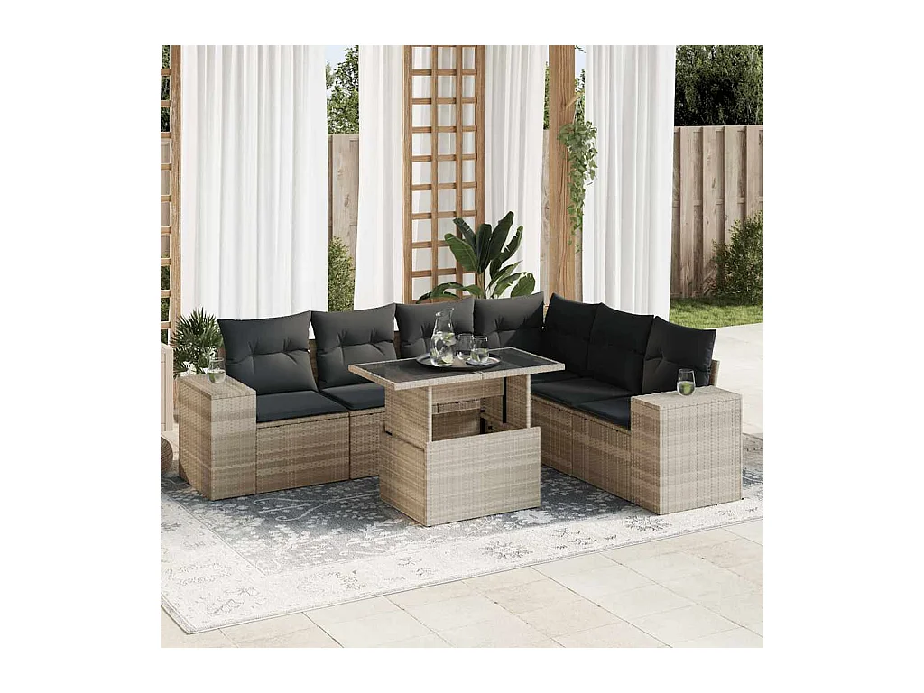 Gartenmöbel-Set mit Kissen 7-tlg. hellgraues Kunstharzgeflecht