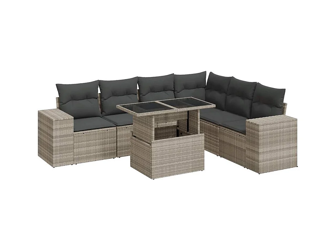 Gartenmöbel-Set mit Kissen 7-tlg. hellgraues Kunstharzgeflecht