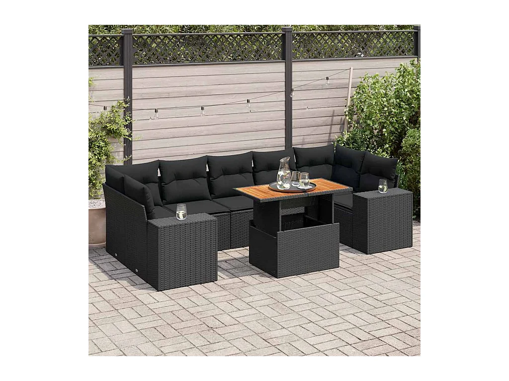 Salon de jardin 8 pcs avec coussins noir résine tressée