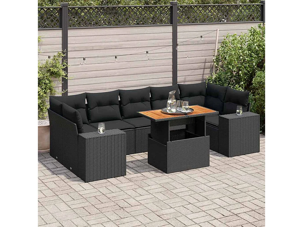 8-delige tuinmeubelset met zwarte kussens van geweven hars