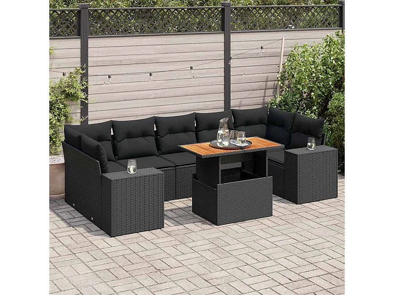 Set di mobili da giardino da 8 pezzi con cuscini neri in resina intrecciata