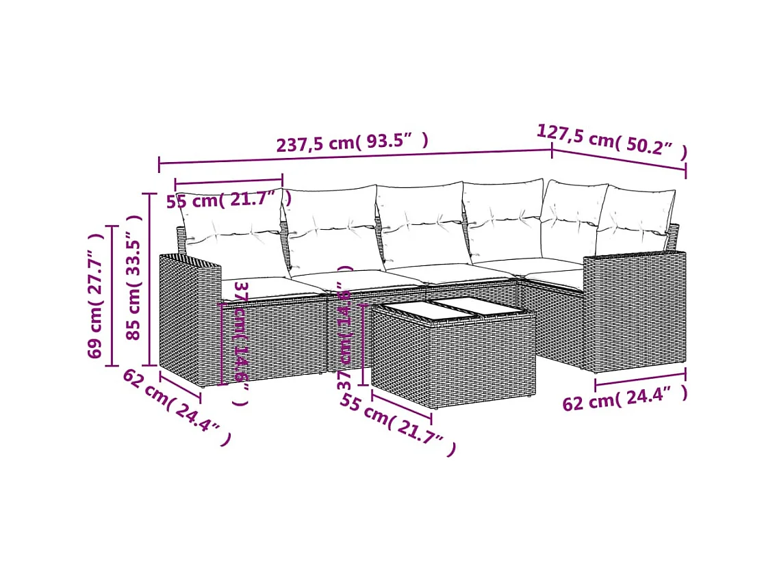 Salon de jardin avec coussins 6 pcs marron résine tressée
