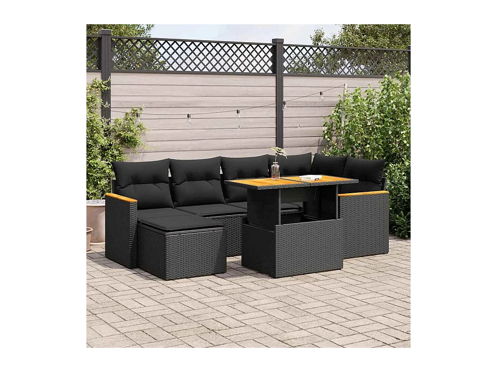 Salon de jardin avec coussins 7 pcs noir résine tressée acacia